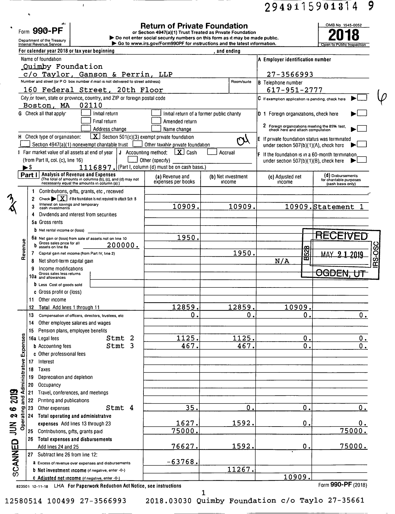 Image of first page of 2018 Form 990PF for Quimby Foundation