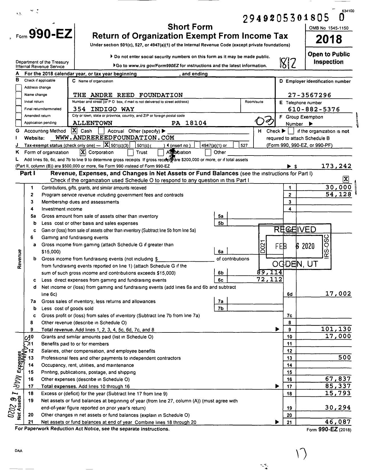 Image of first page of 2018 Form 990EZ for The Andre Reed Foundation