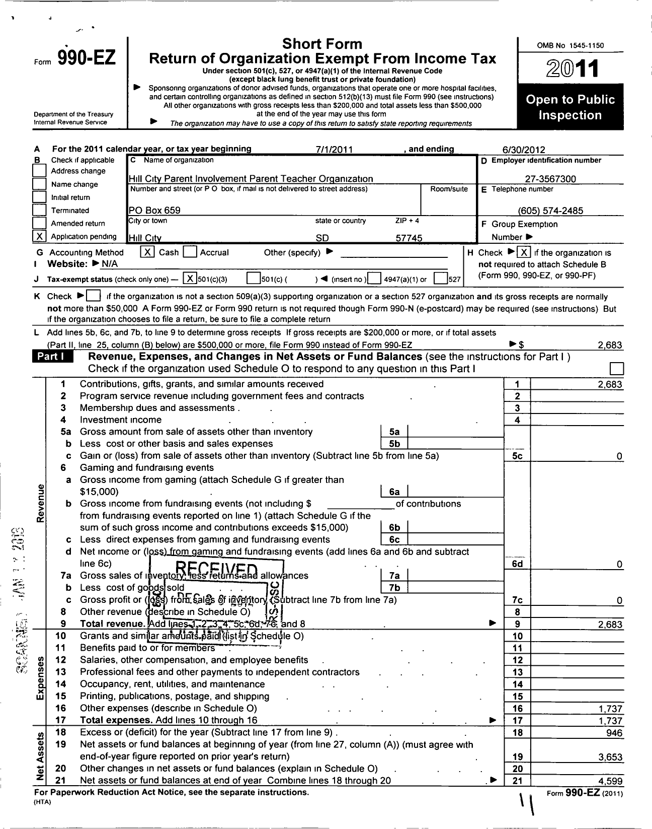 Image of first page of 2011 Form 990EZ for Hill City Parent Involvement Parent Teacher Organization