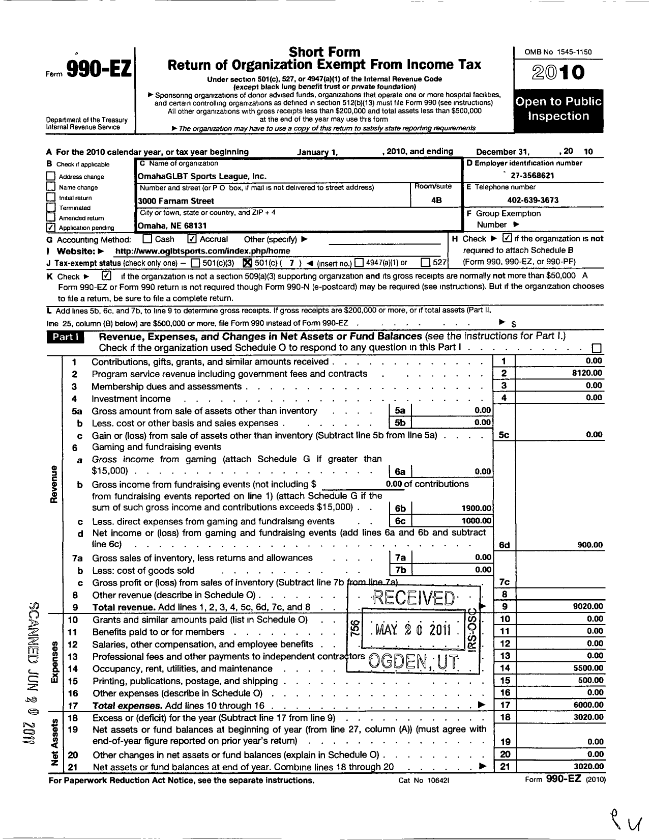 Image of first page of 2010 Form 990EO for Omaha GLBT Sports League