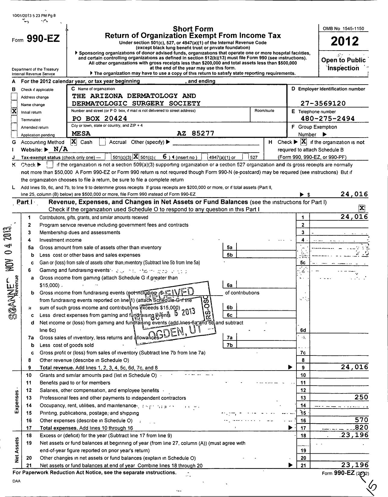 Image of first page of 2012 Form 990EO for Arizona Dermatology and Dermatological Surgery Society