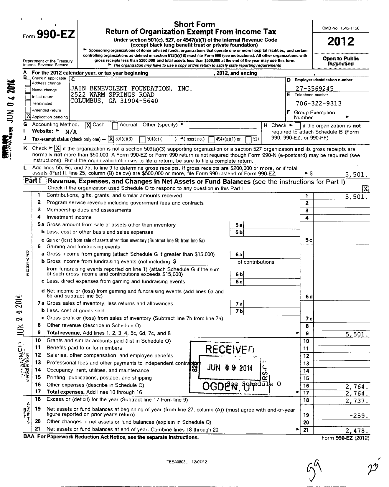 Image of first page of 2012 Form 990EZ for Jain Benevolent Foundation