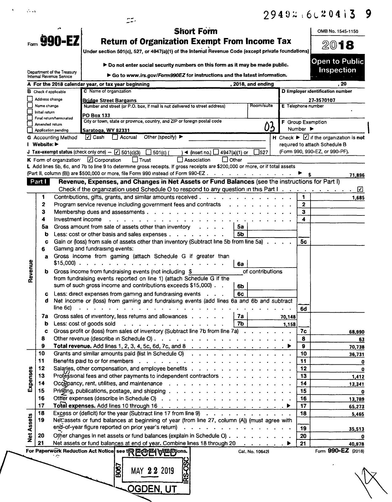 Image of first page of 2018 Form 990EZ for Bridge Street Bargains