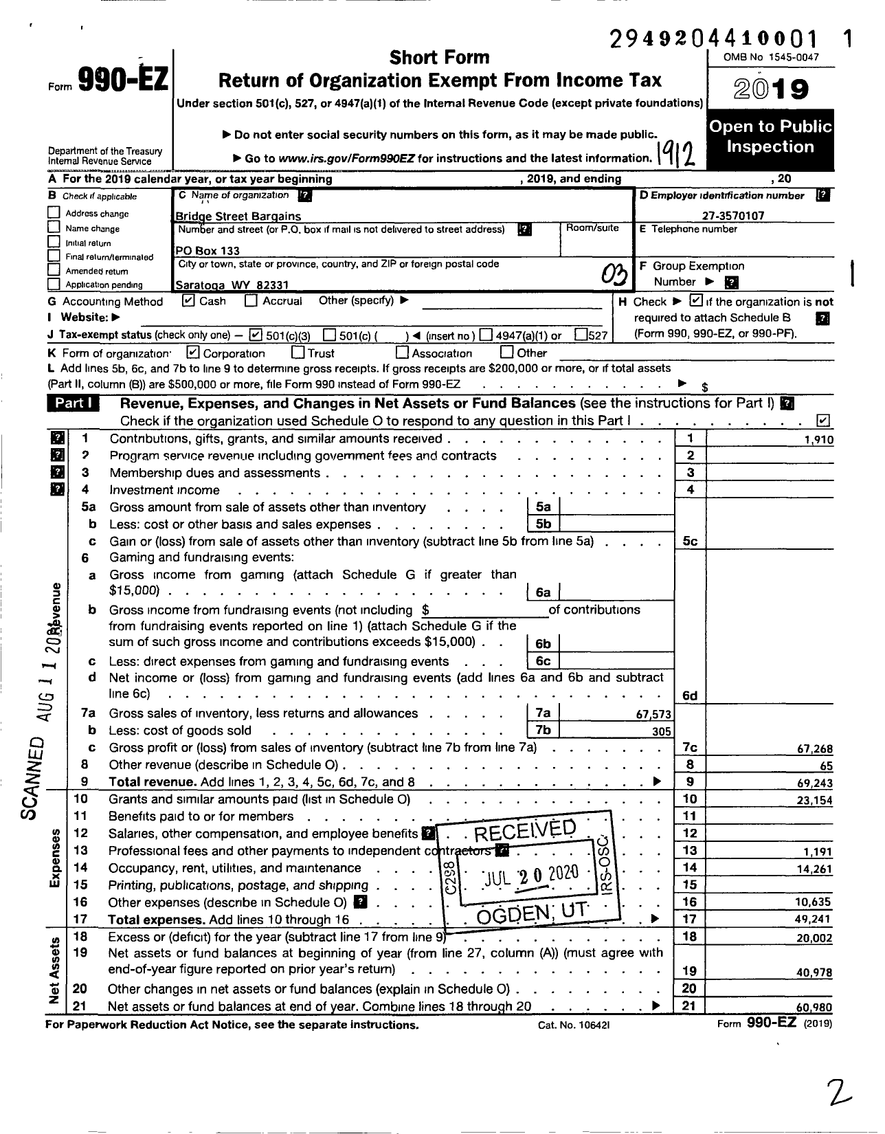 Image of first page of 2019 Form 990EZ for Bridge Street Bargains