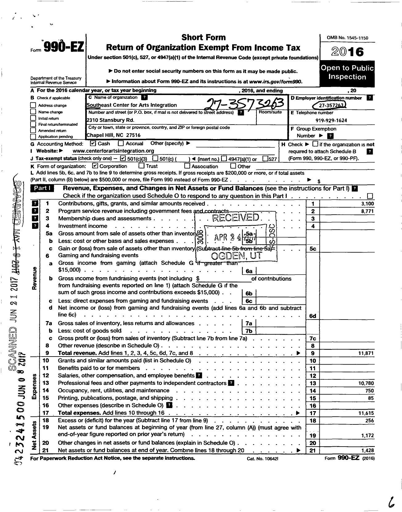 Image of first page of 2016 Form 990EZ for Southeast Center for Arts Integration