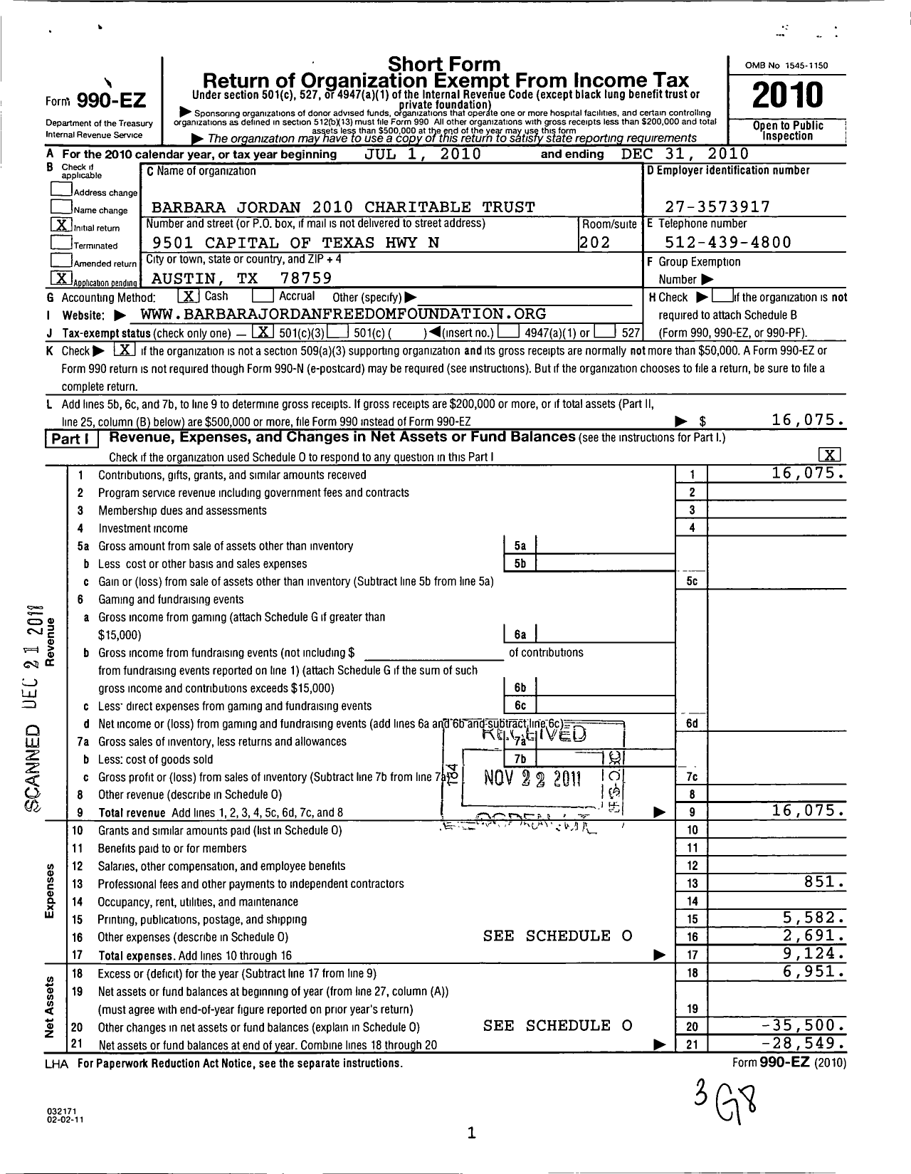 Image of first page of 2010 Form 990EZ for Barbara Jordan 2010 Charitable Trust