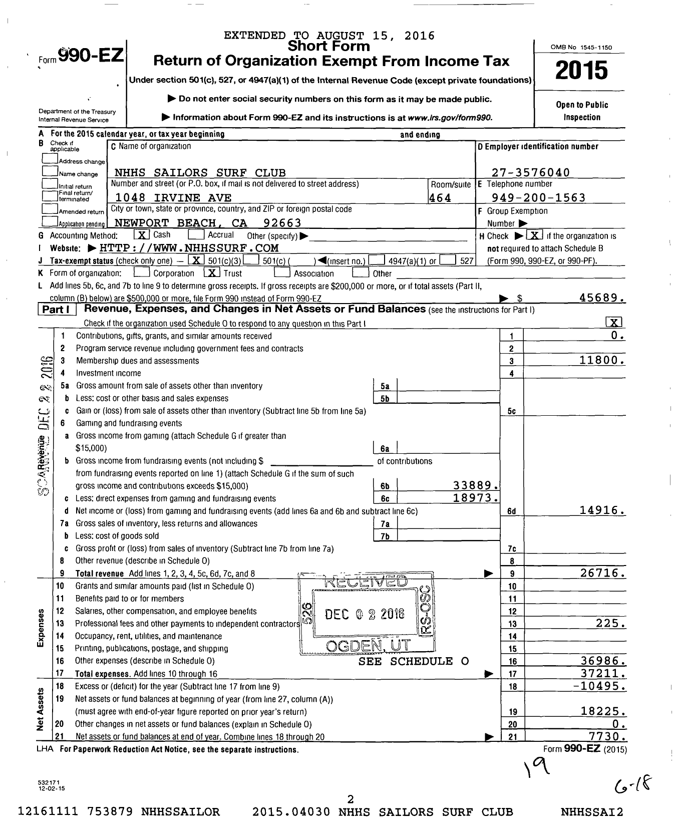 Image of first page of 2015 Form 990EZ for NHHS Sailors Surf Club