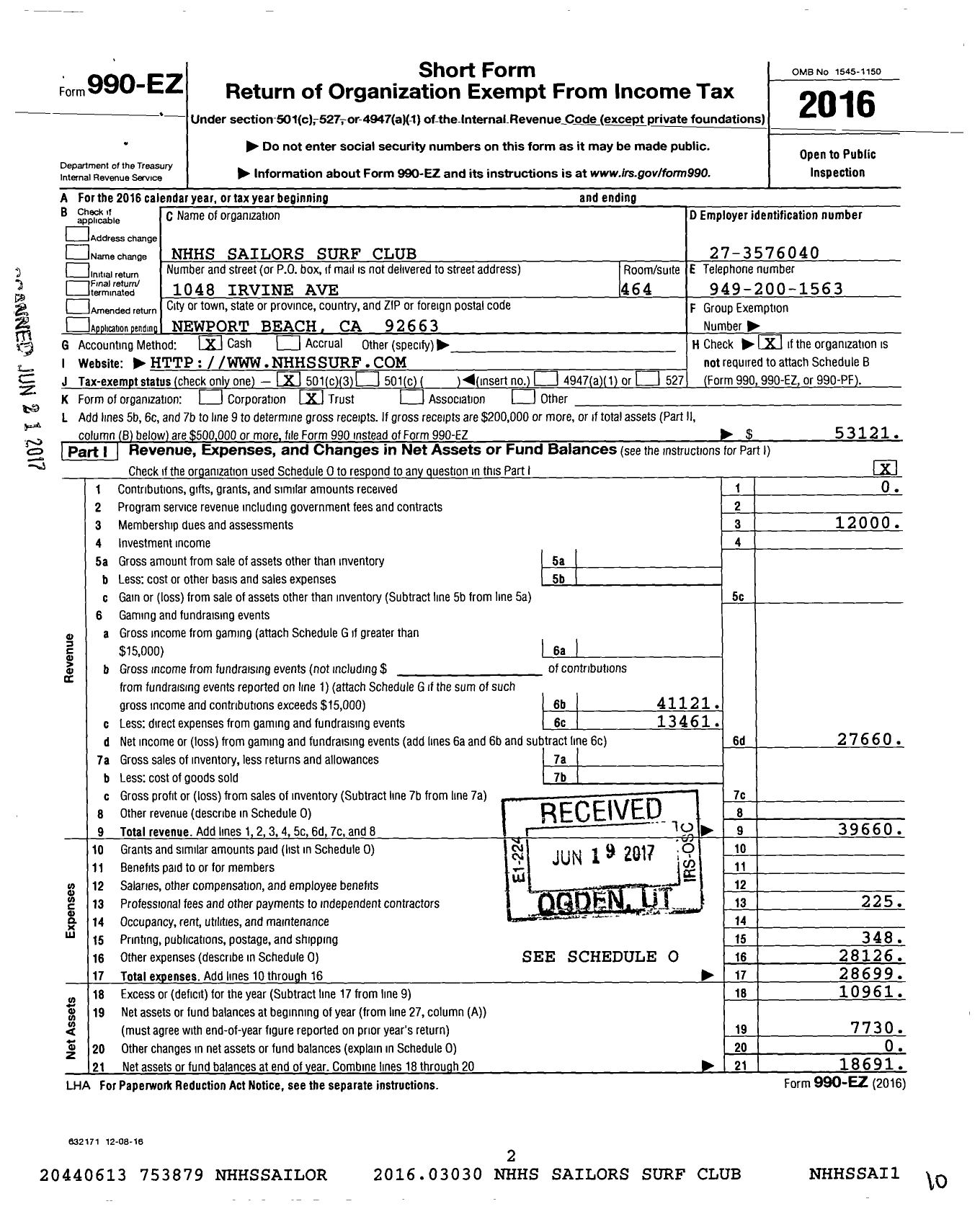 Image of first page of 2016 Form 990EZ for NHHS Sailors Surf Club