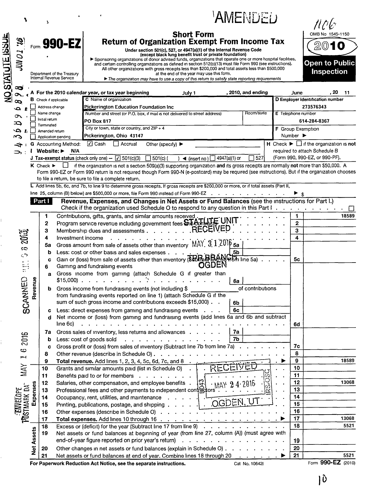 Image of first page of 2010 Form 990EZ for Pickerington Education Foundation