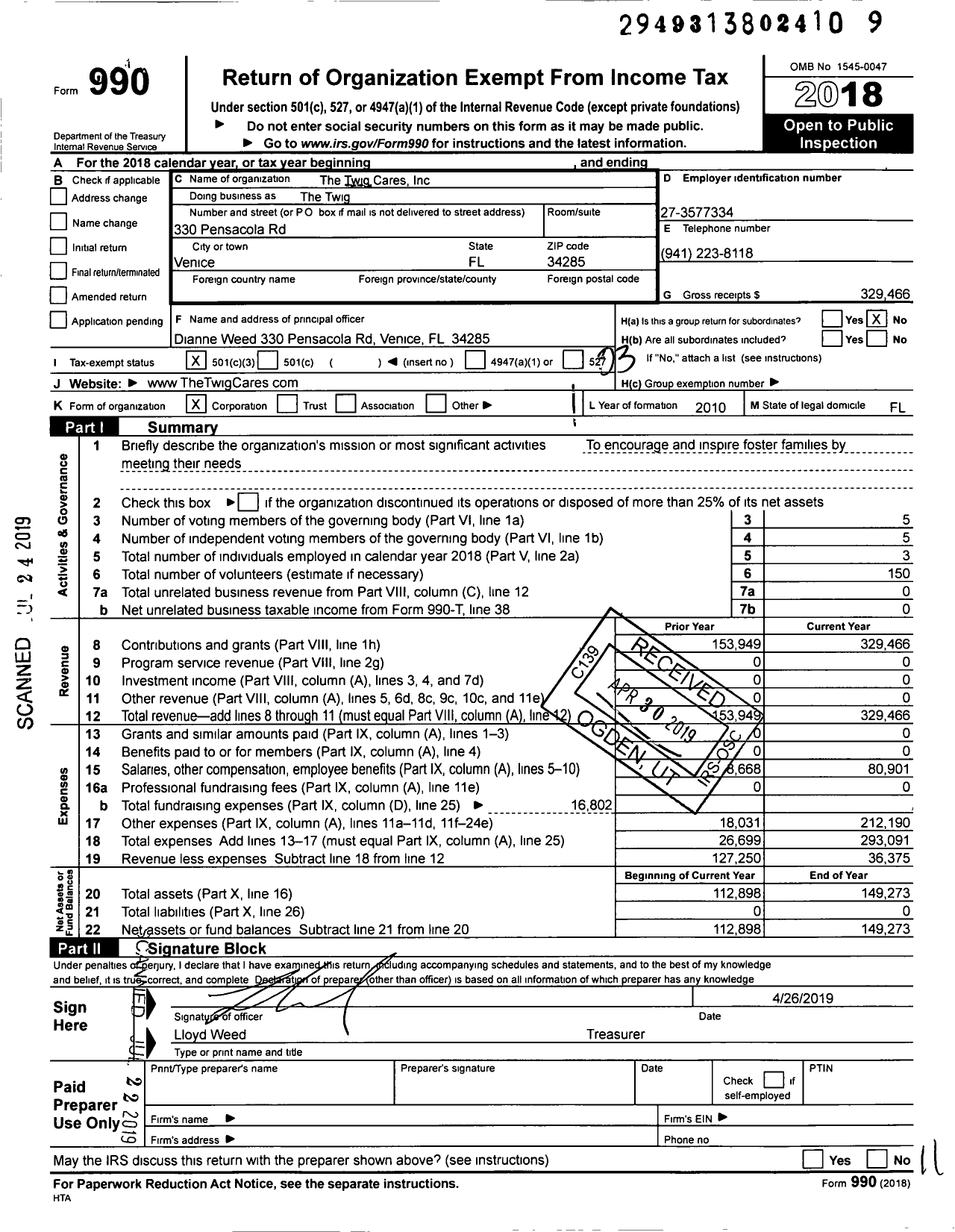 Image of first page of 2018 Form 990 for The Twig