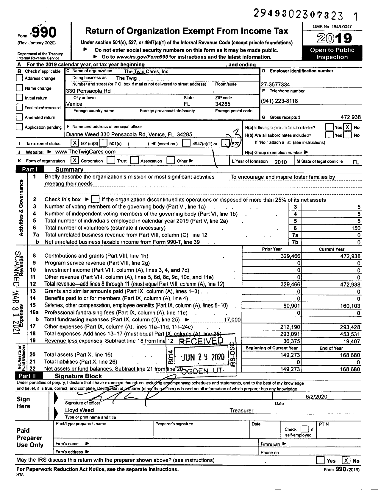 Image of first page of 2019 Form 990 for The Twig