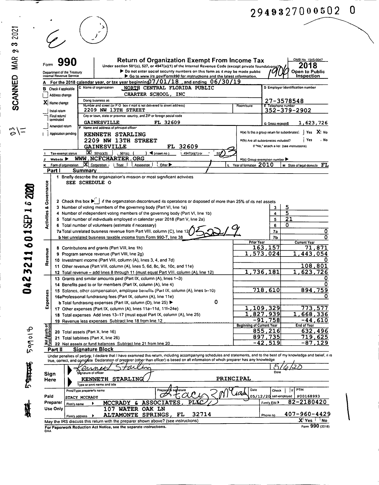 Image of first page of 2018 Form 990 for North Central Florida Public Charter School