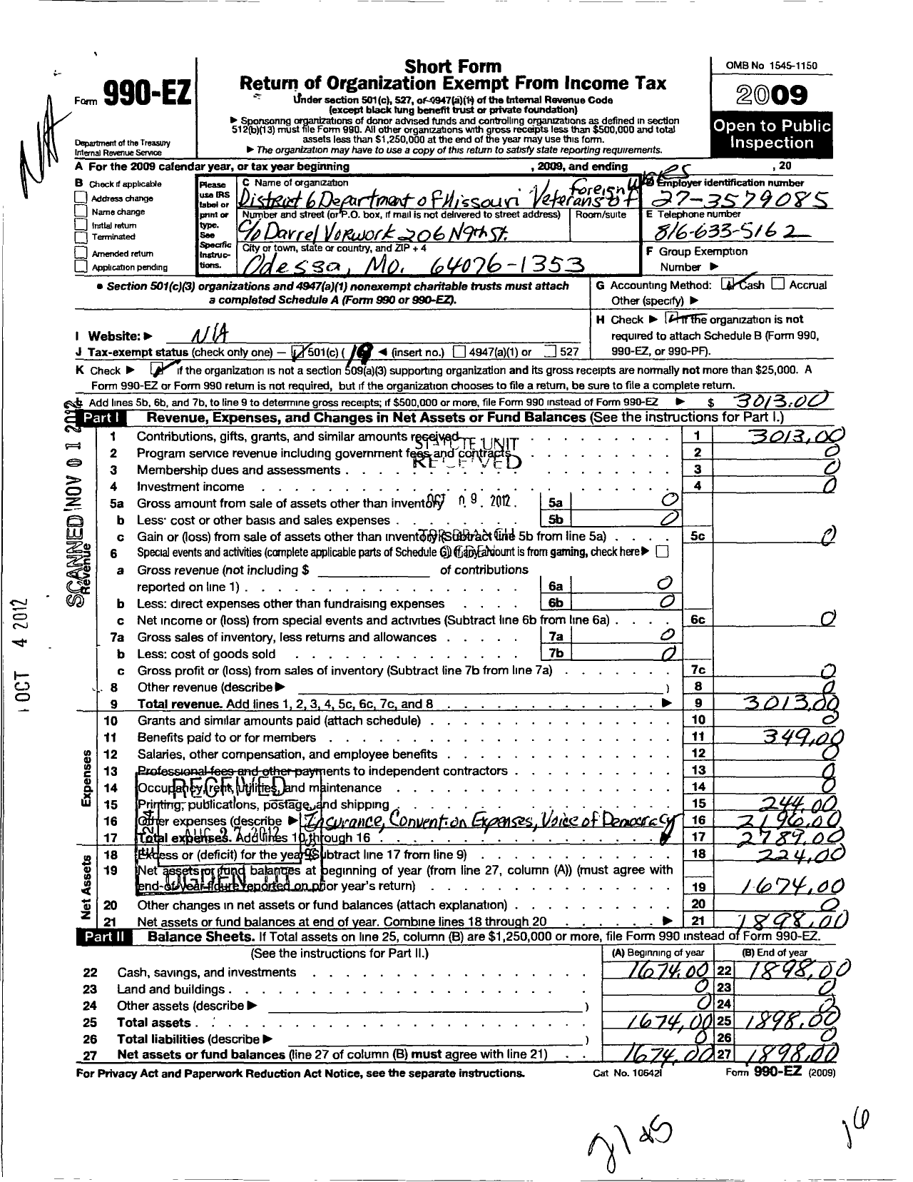 Image of first page of 2009 Form 990EO for District 6 Department of Missouri Veterans of Foreign Wars of the Un