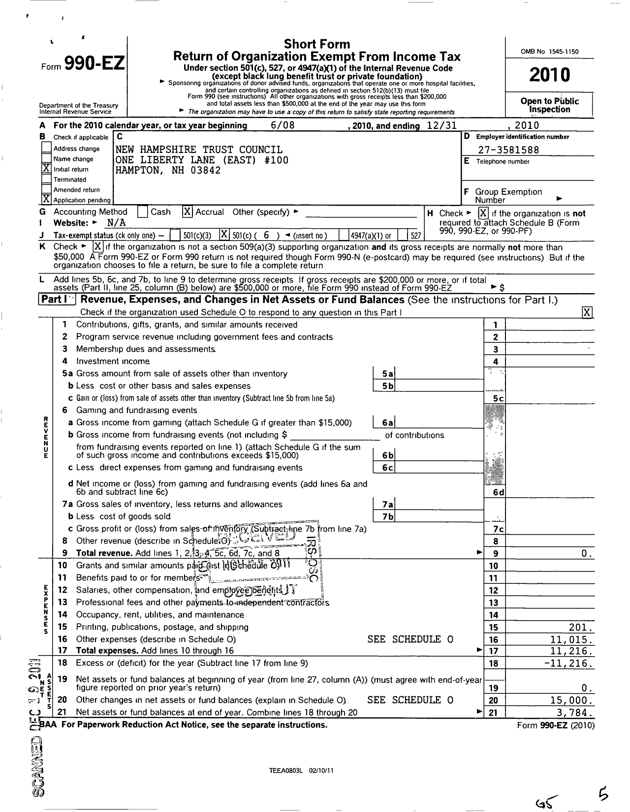 Image of first page of 2010 Form 990EO for New Hampshire Trust Council