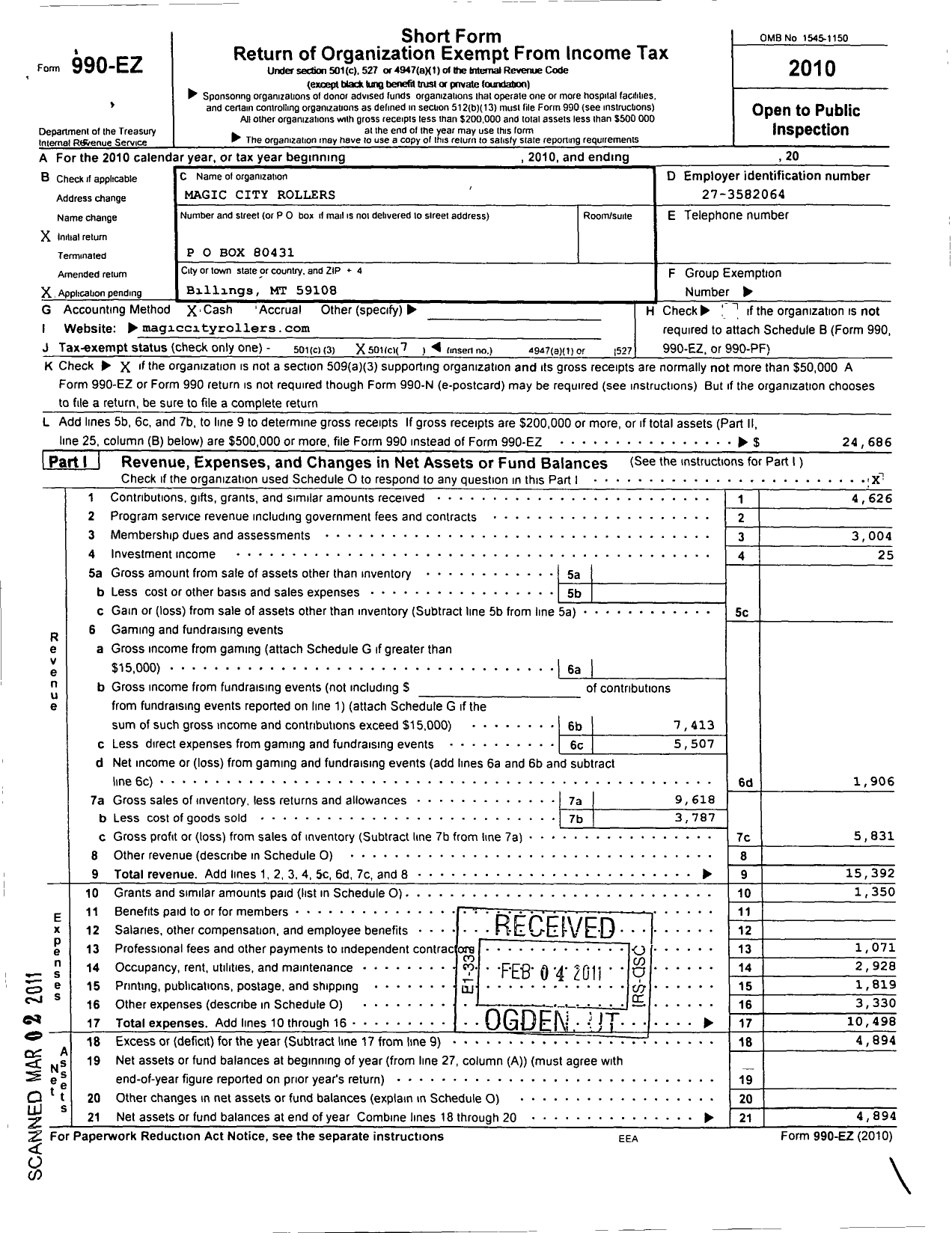 Image of first page of 2010 Form 990EO for Magic City Rollers