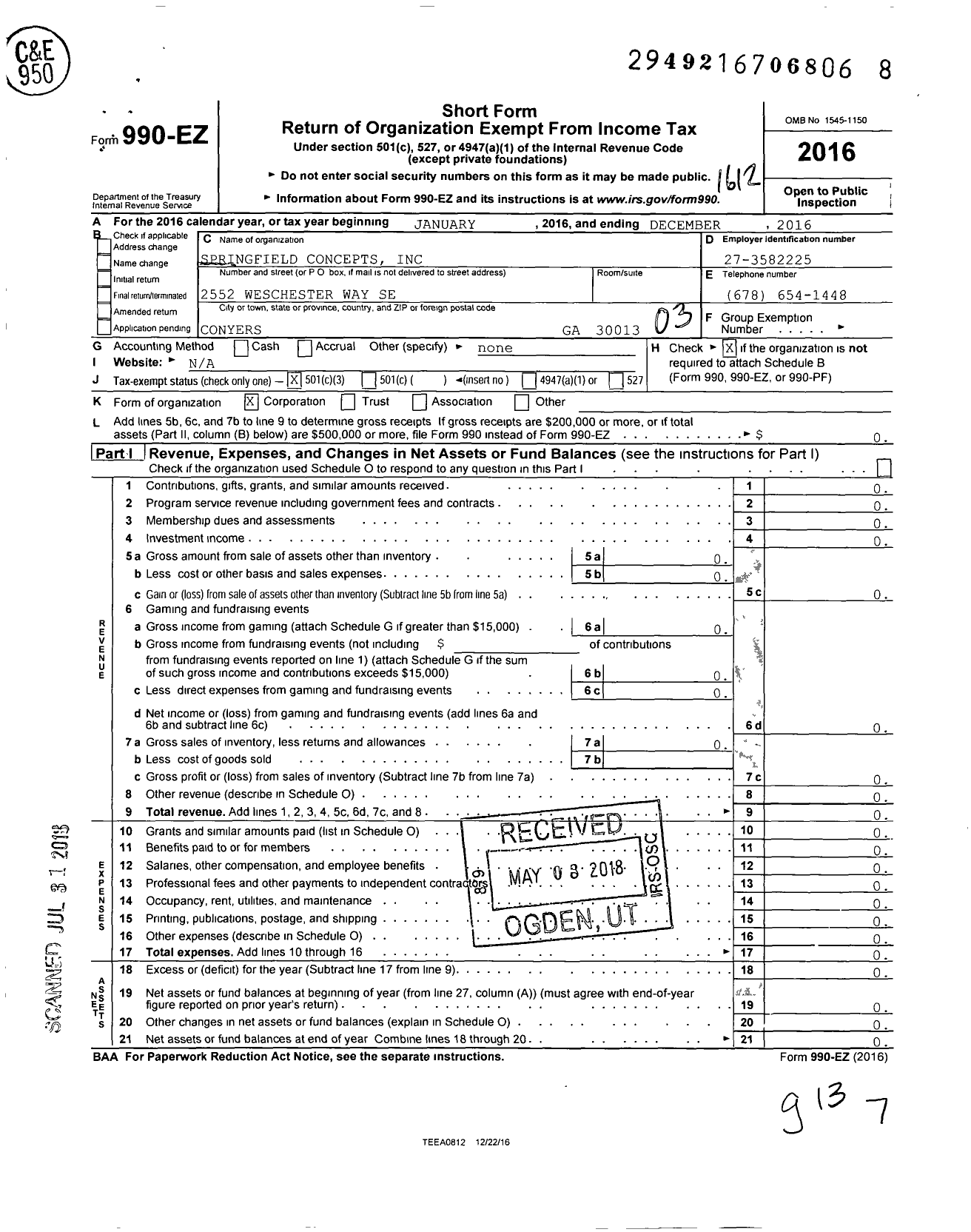 Image of first page of 2016 Form 990EZ for Springfield Concepts