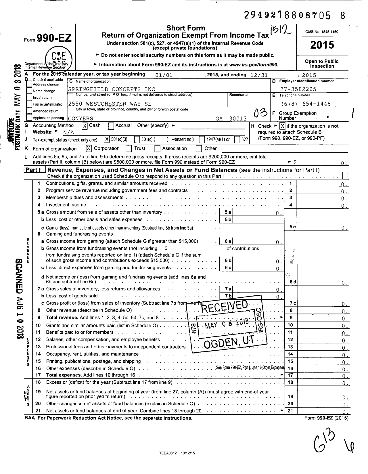 Image of first page of 2015 Form 990EZ for Springfield Concepts