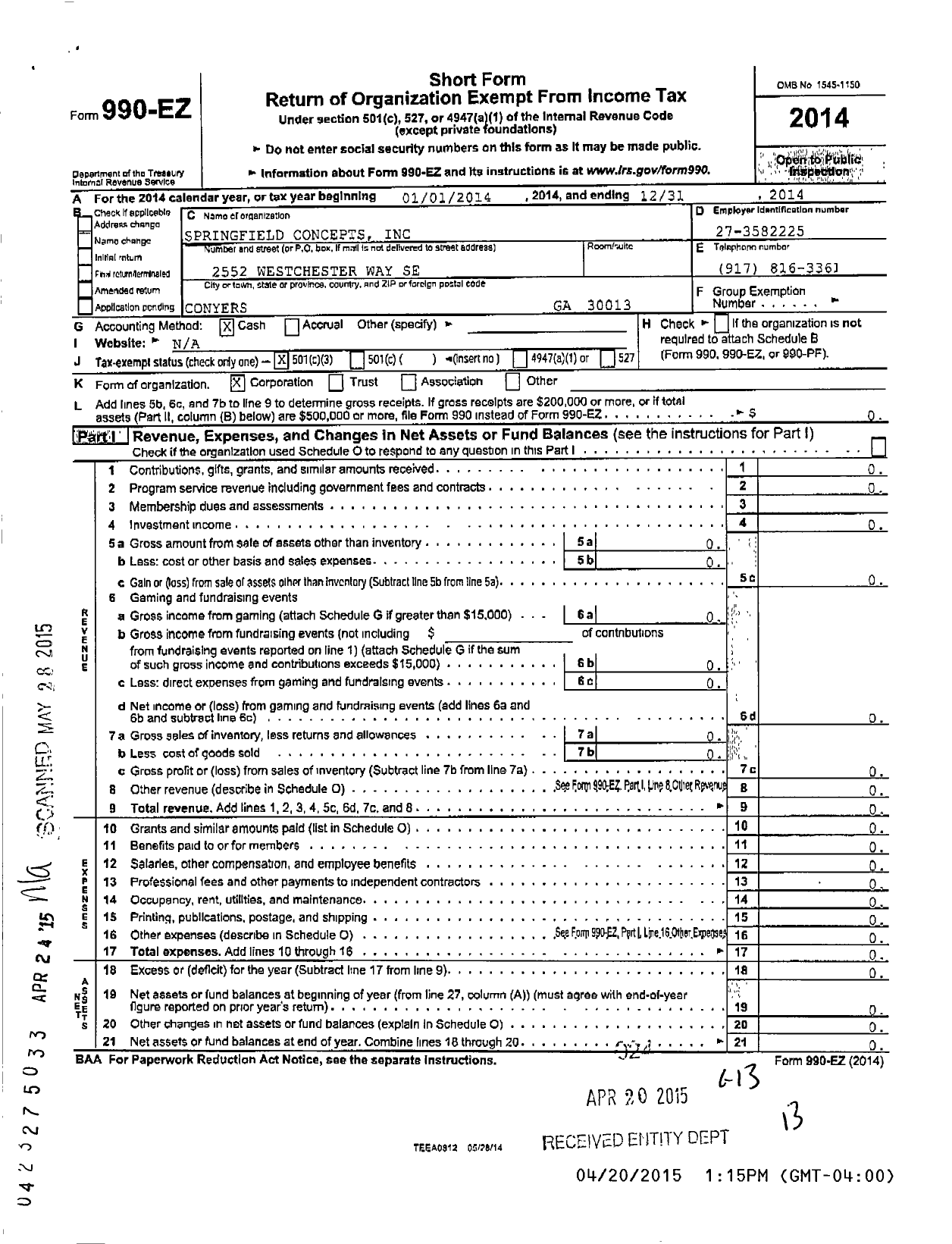 Image of first page of 2014 Form 990EZ for Springfield Concepts