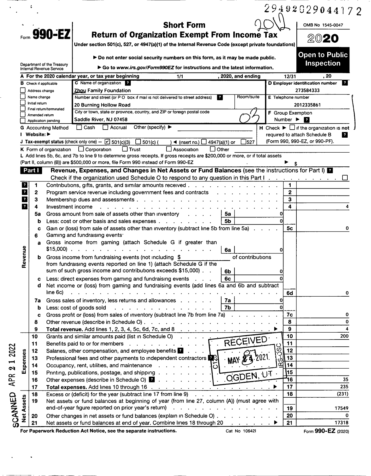 Image of first page of 2020 Form 990EZ for Zhou Family Foundation