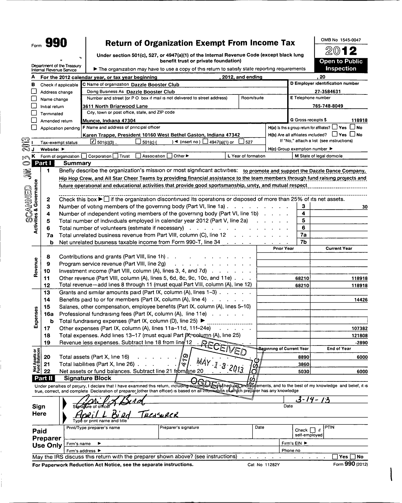 Image of first page of 2012 Form 990 for Dazzle Booster Club