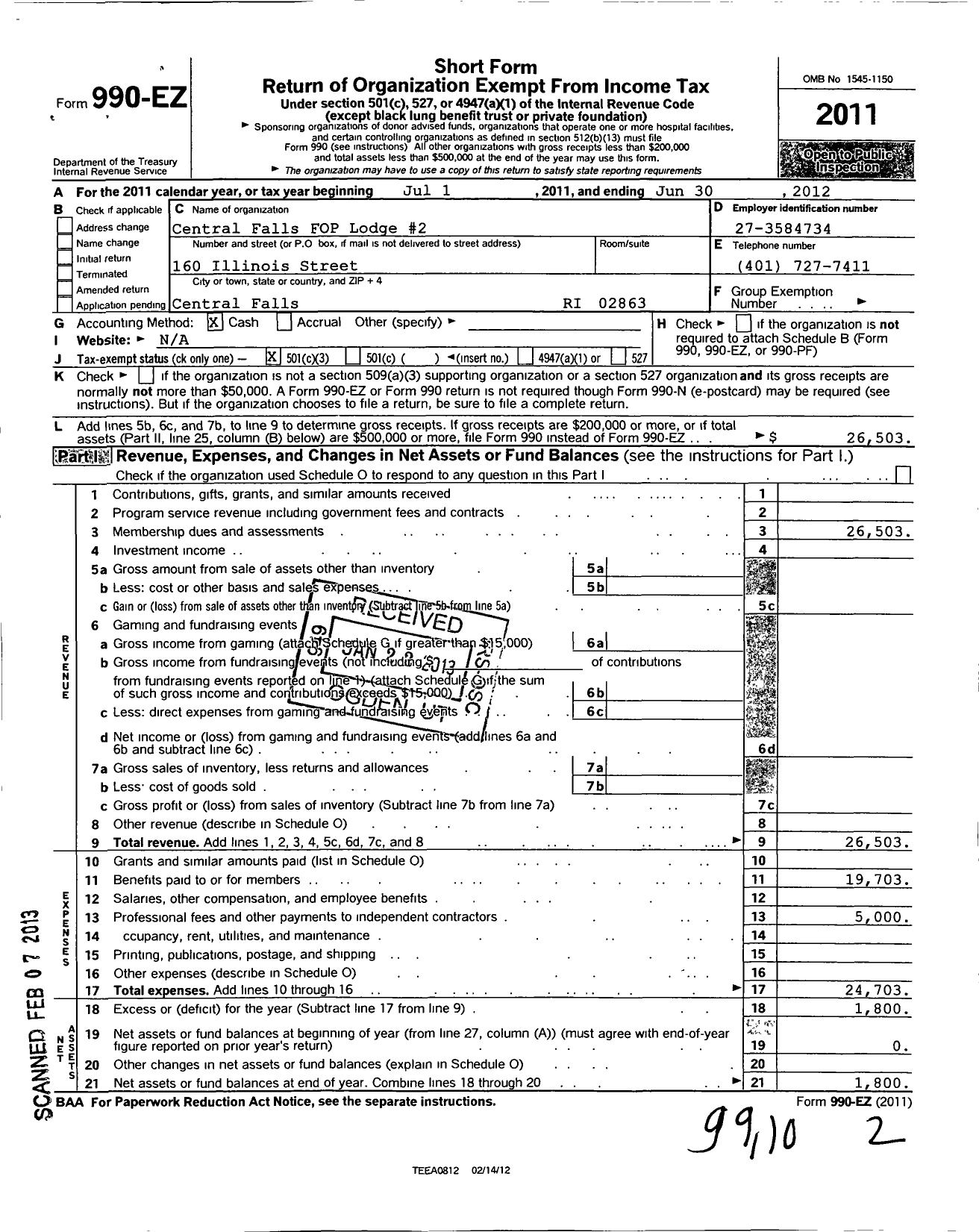 Image of first page of 2011 Form 990EZ for Fraternal Order of Police - 2 Central Falls Lodge