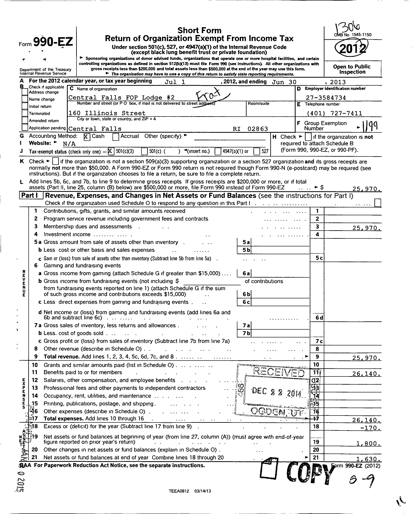 Image of first page of 2012 Form 990EZ for Fraternal Order of Police - 2 Central Falls Lodge