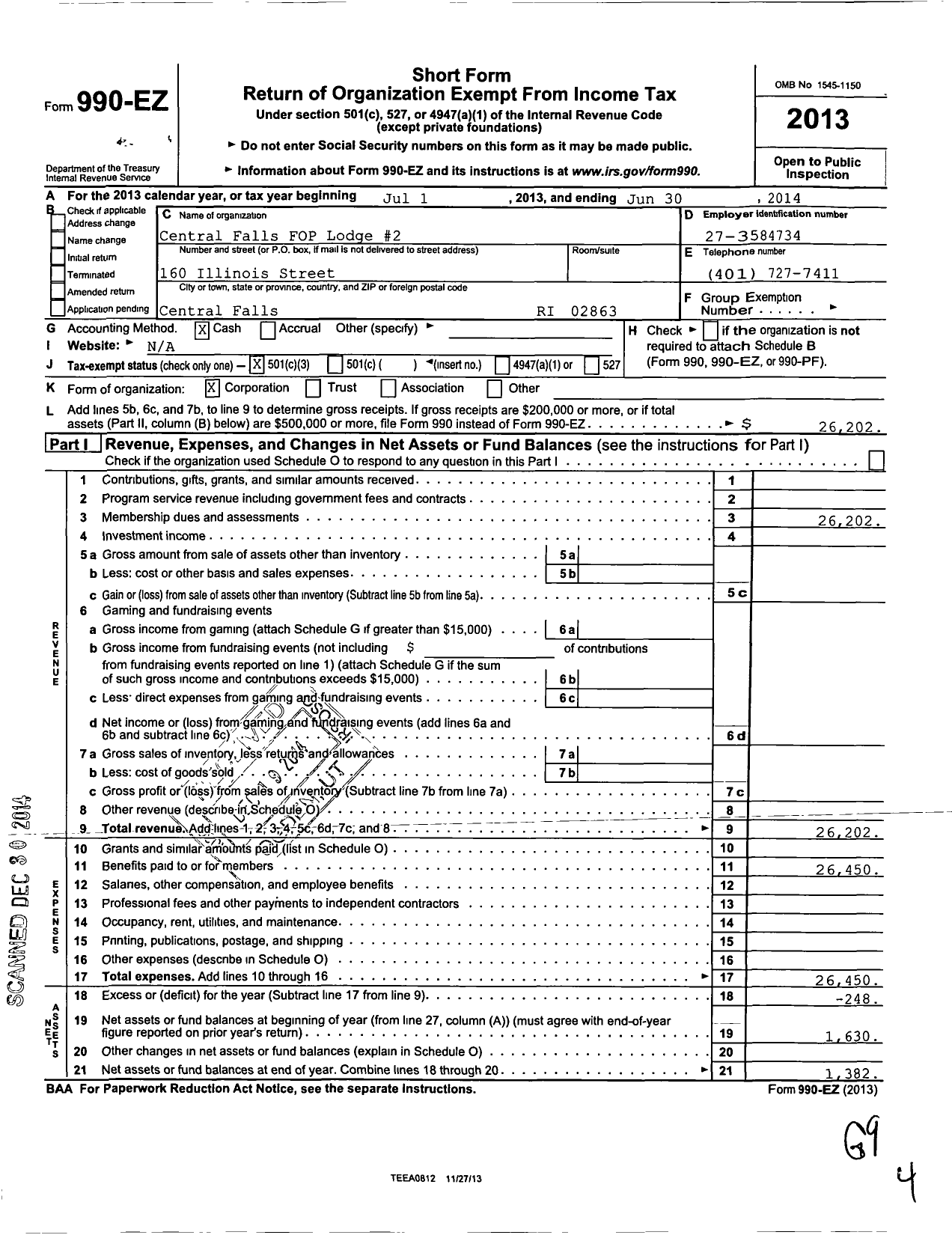 Image of first page of 2013 Form 990EZ for Fraternal Order of Police - 2 Central Falls Lodge