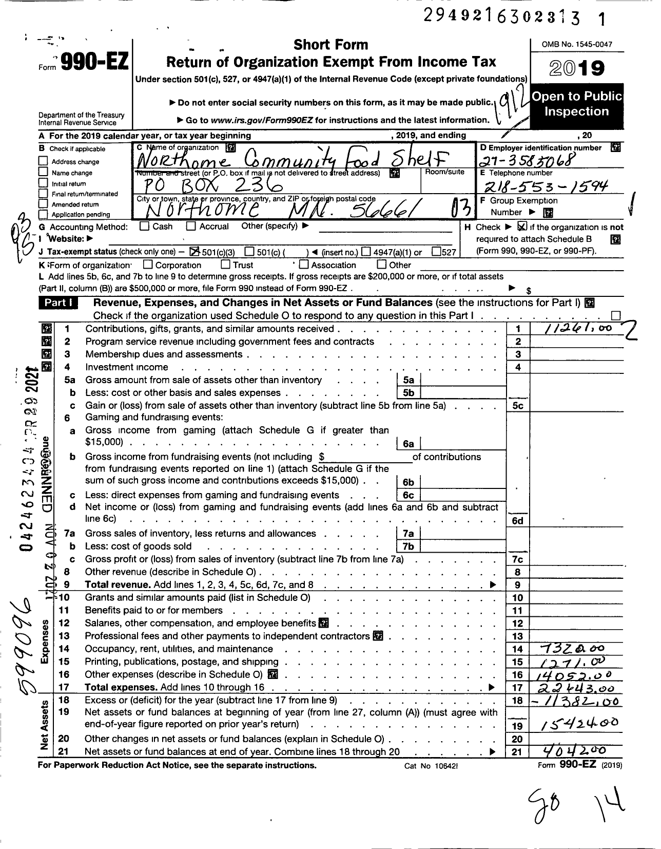 Image of first page of 2019 Form 990EZ for Northome Community Food Shelf