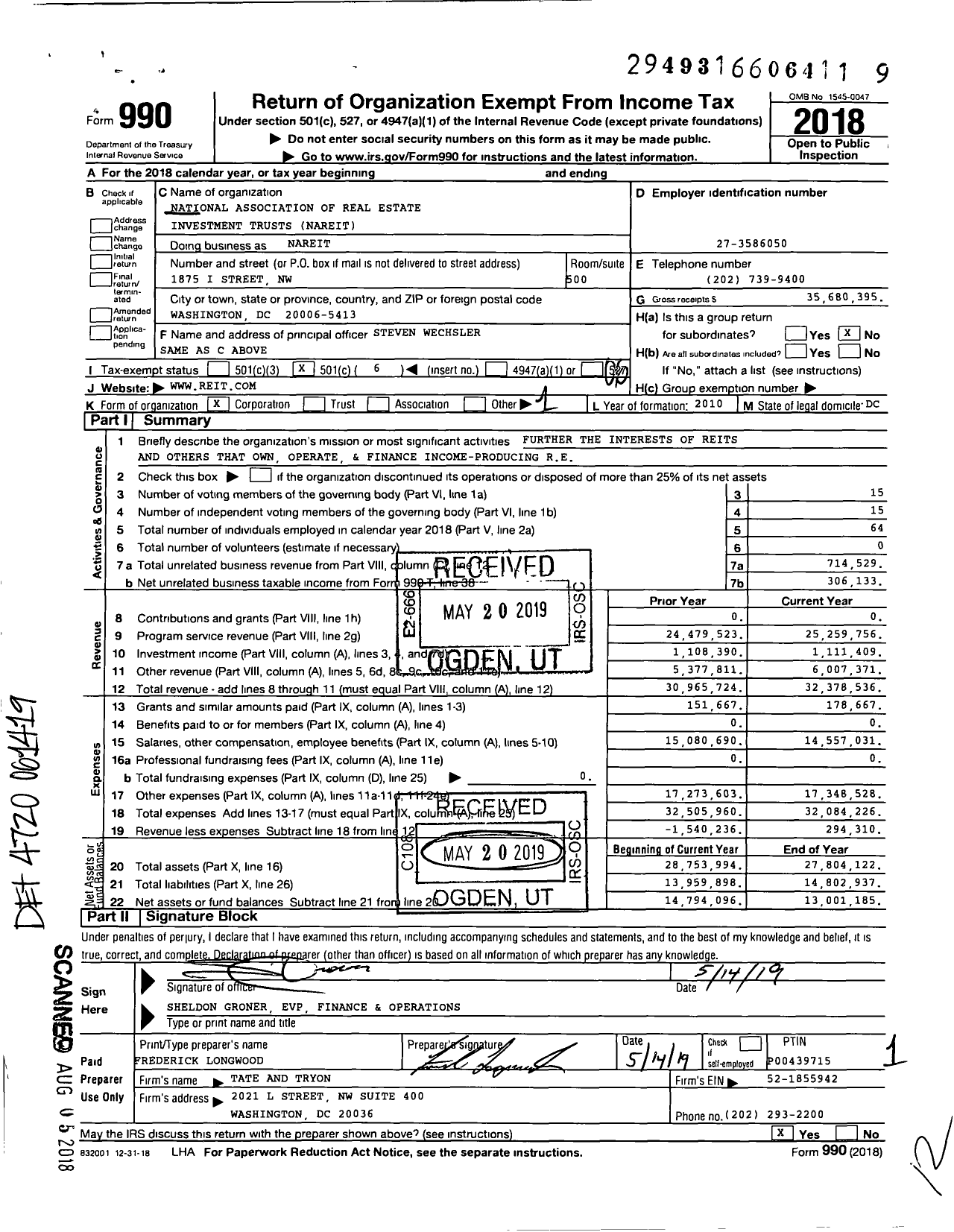 Image of first page of 2018 Form 990O for National Association of Real Estate Investment Trusts (NAREIT)