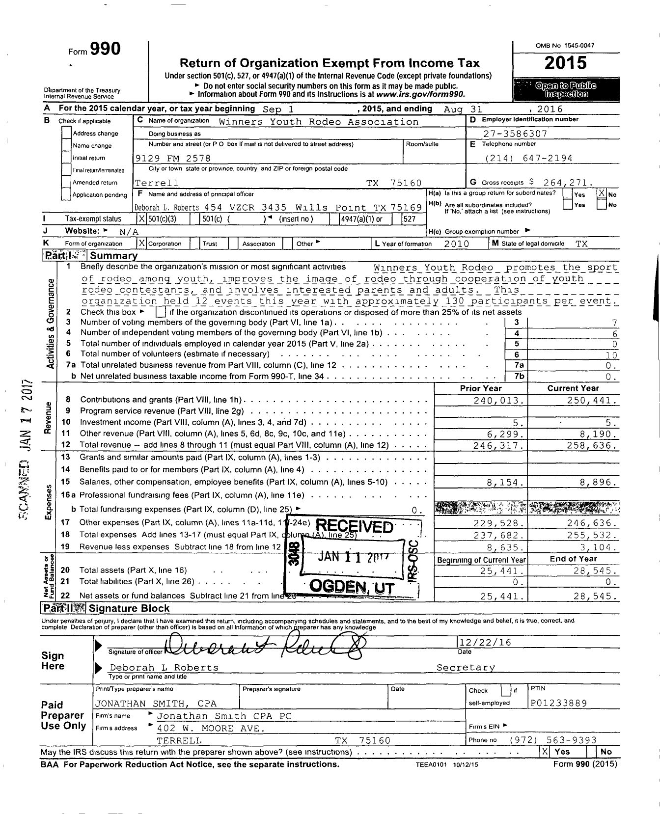 Image of first page of 2015 Form 990 for Winners Youth Rodeo Association