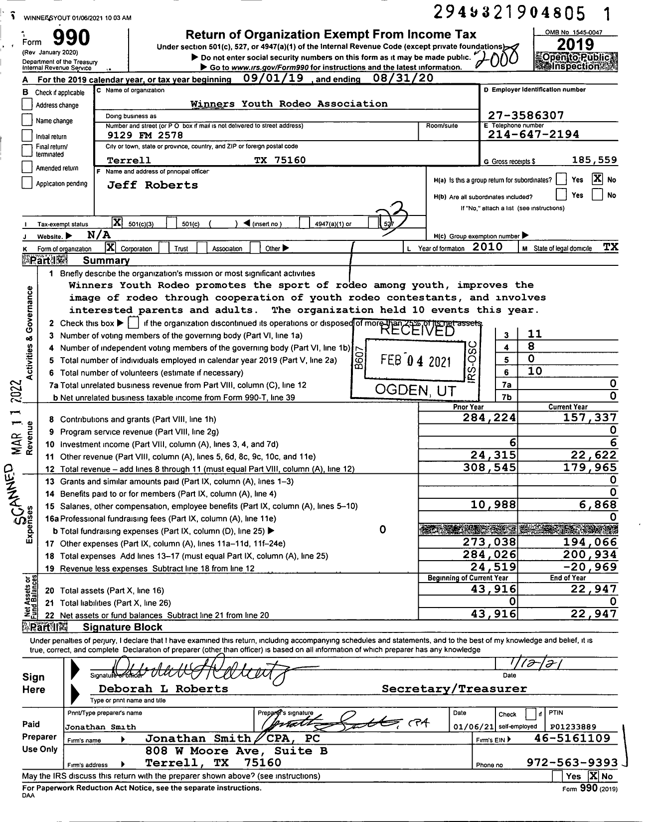 Image of first page of 2019 Form 990 for Winners Youth Rodeo Association