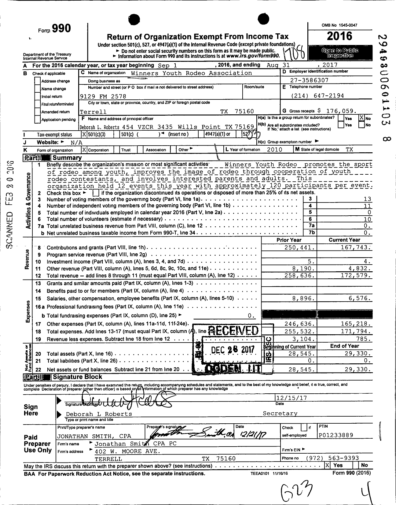 Image of first page of 2016 Form 990 for Winners Youth Rodeo Association