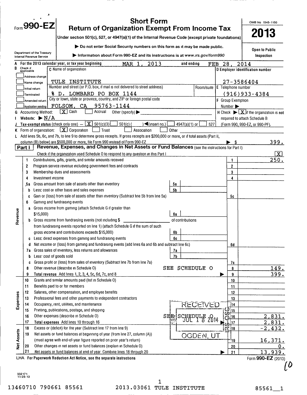 Image of first page of 2013 Form 990EZ for Tule Institute