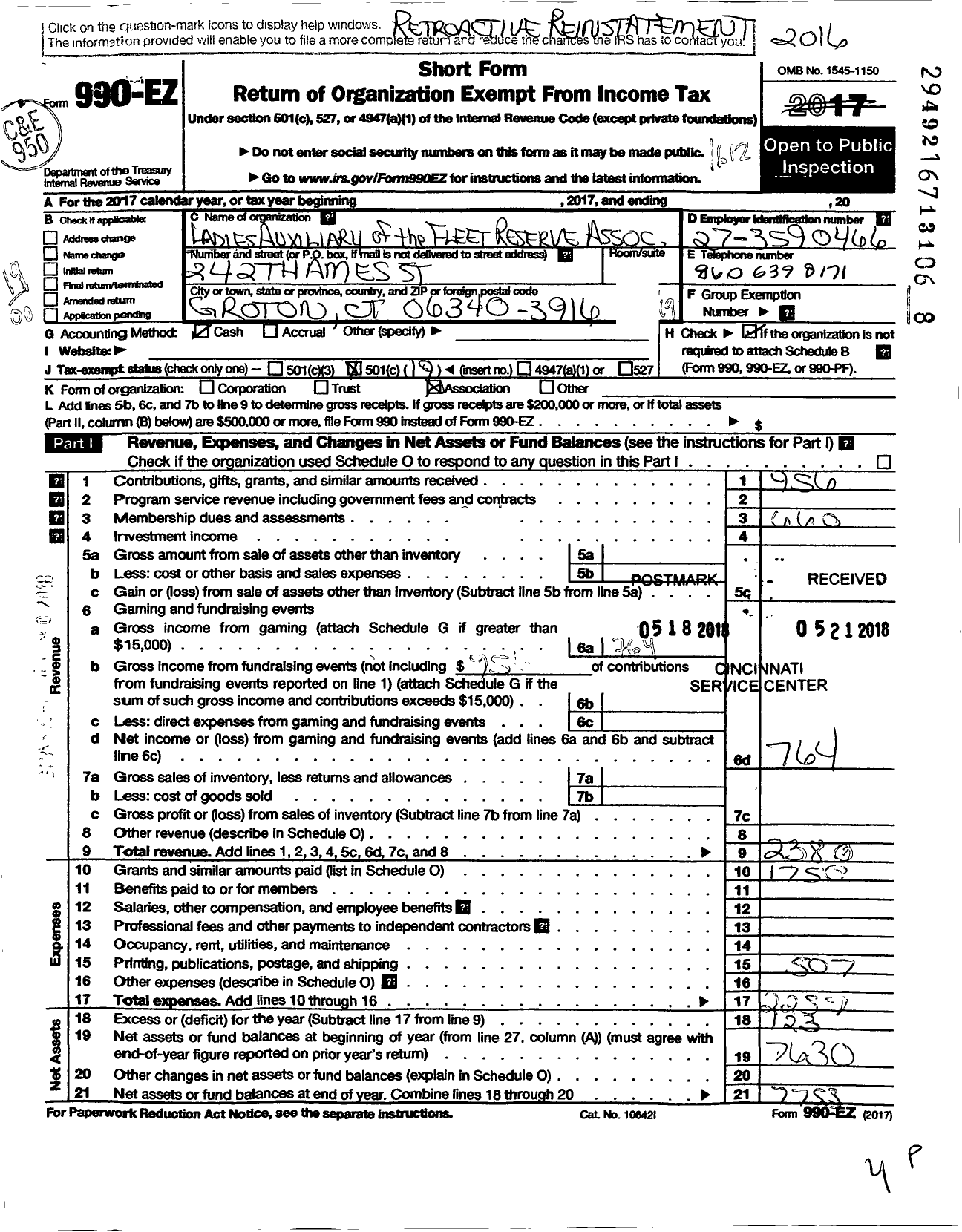 Image of first page of 2016 Form 990EO for Ladies Auxiliary of the Fleet Reserve Association