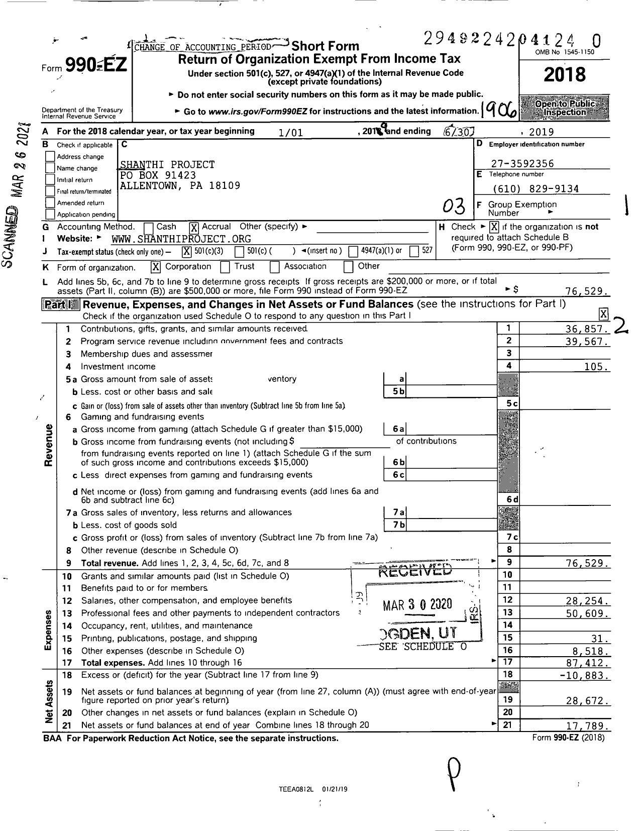 Image of first page of 2018 Form 990EZ for Shanthi Project