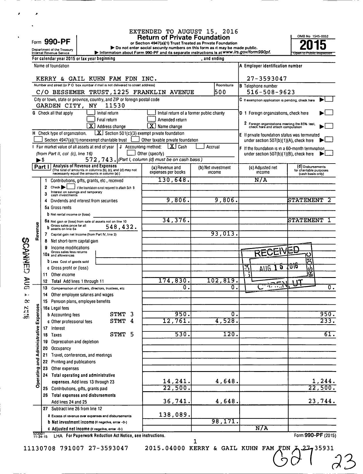 Image of first page of 2015 Form 990PF for Kerry and Gail Kuhn Family Foundation