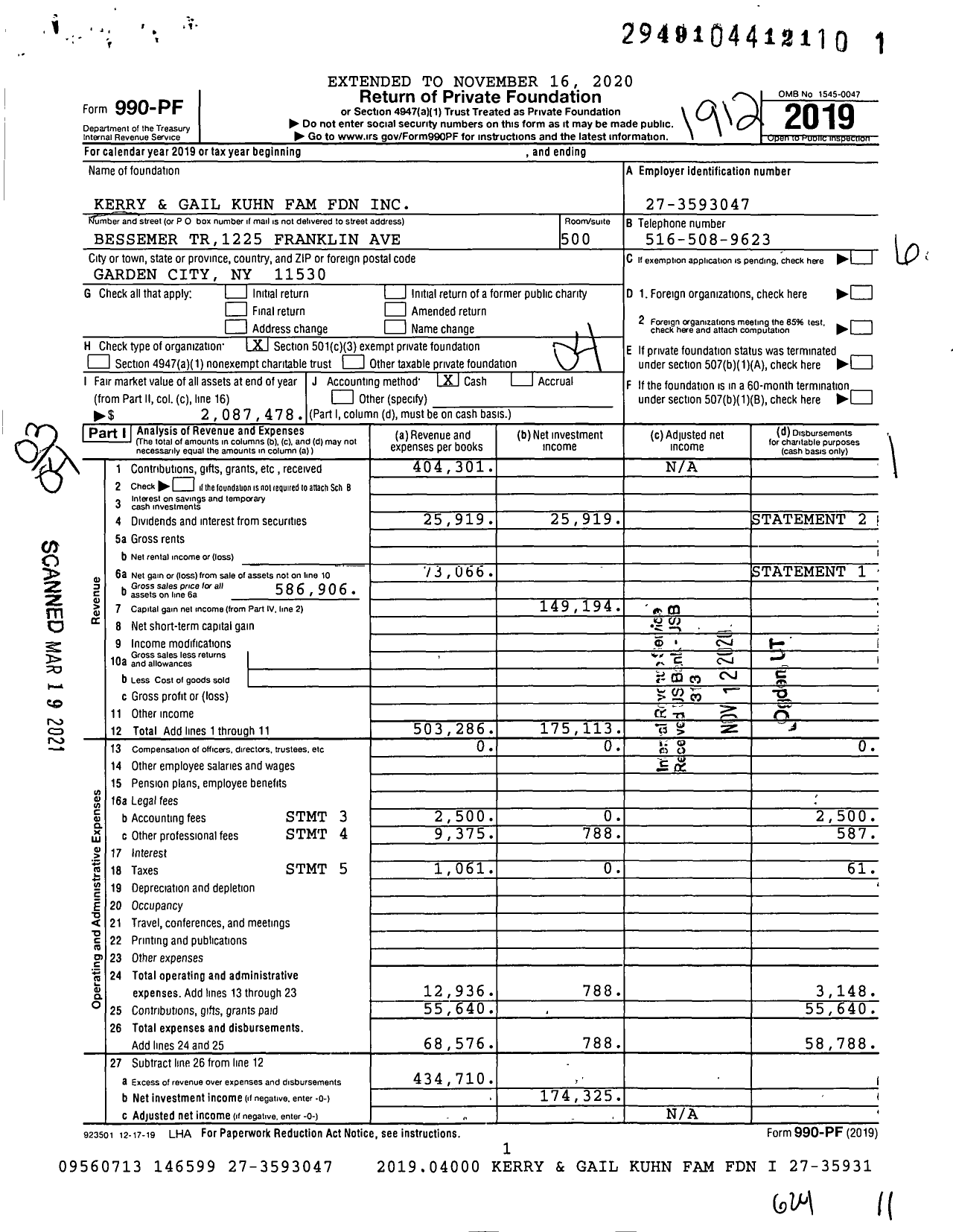 Image of first page of 2019 Form 990PF for Kerry and Gail Kuhn Family Foundation