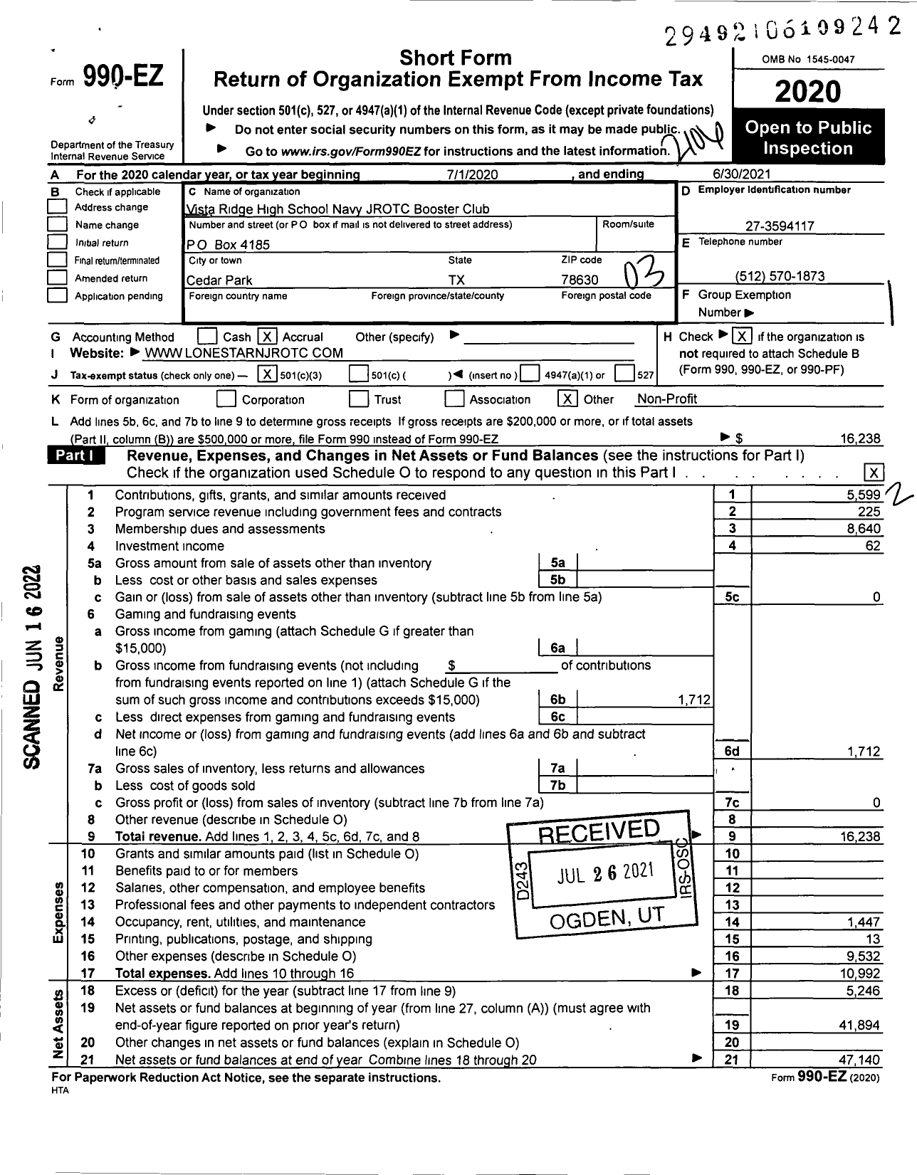 Image of first page of 2020 Form 990EZ for Vista Ridge High School Navy Jrotc Booster Club