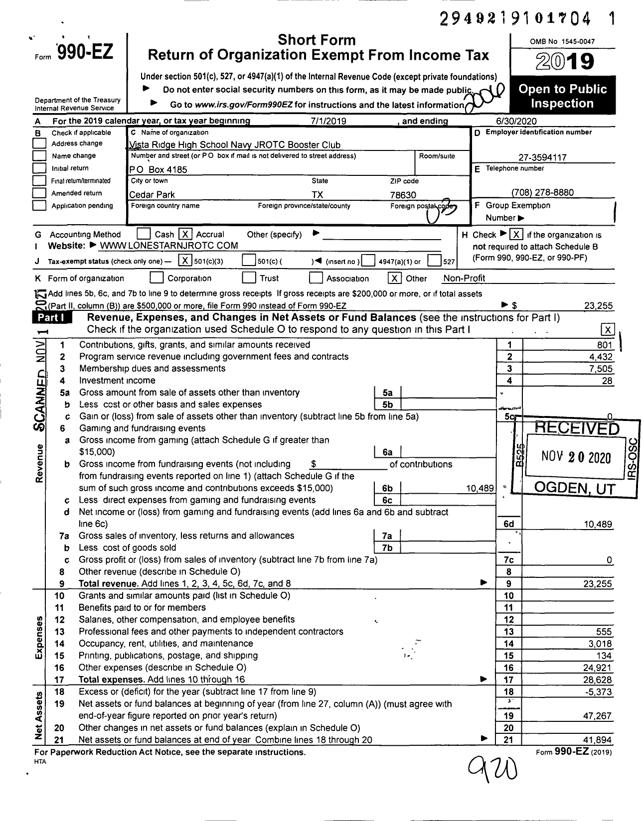 Image of first page of 2019 Form 990EZ for Vista Ridge High School Navy Jrotc Booster Club