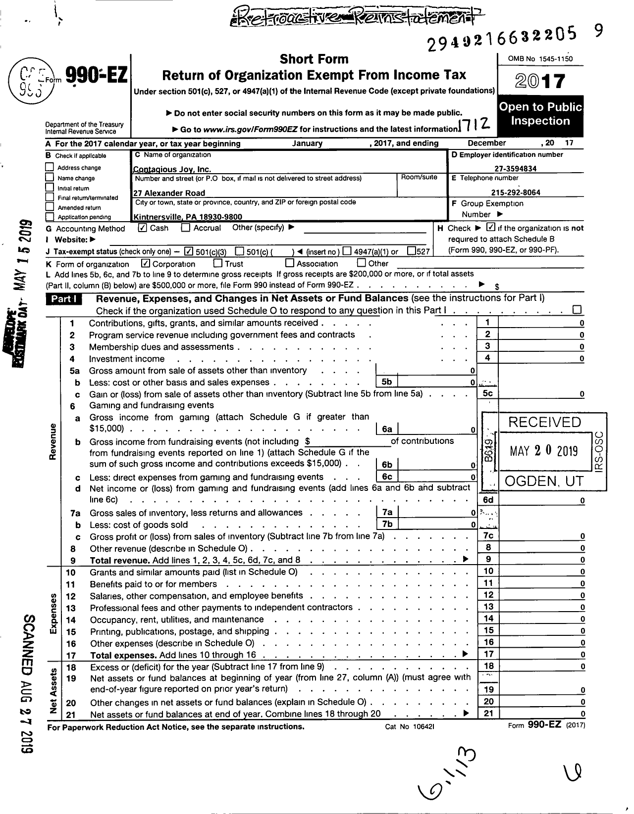 Image of first page of 2017 Form 990EZ for Contagious Joy