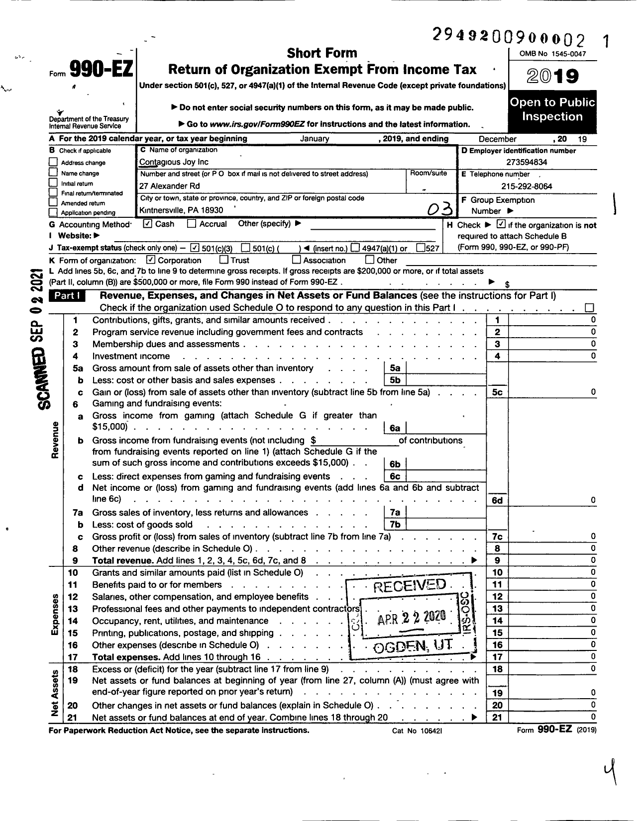 Image of first page of 2019 Form 990EZ for Contagious Joy