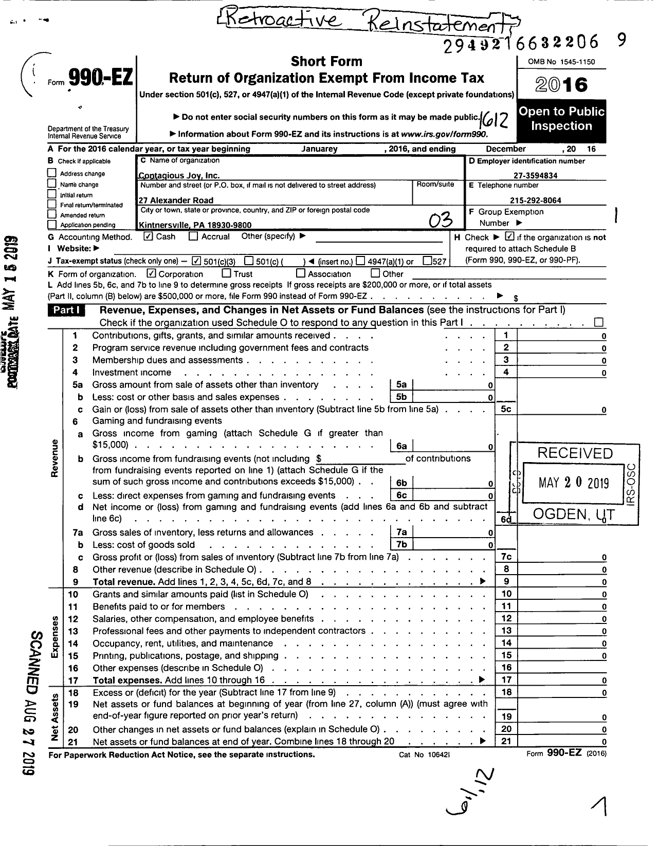 Image of first page of 2016 Form 990EZ for Contagious Joy