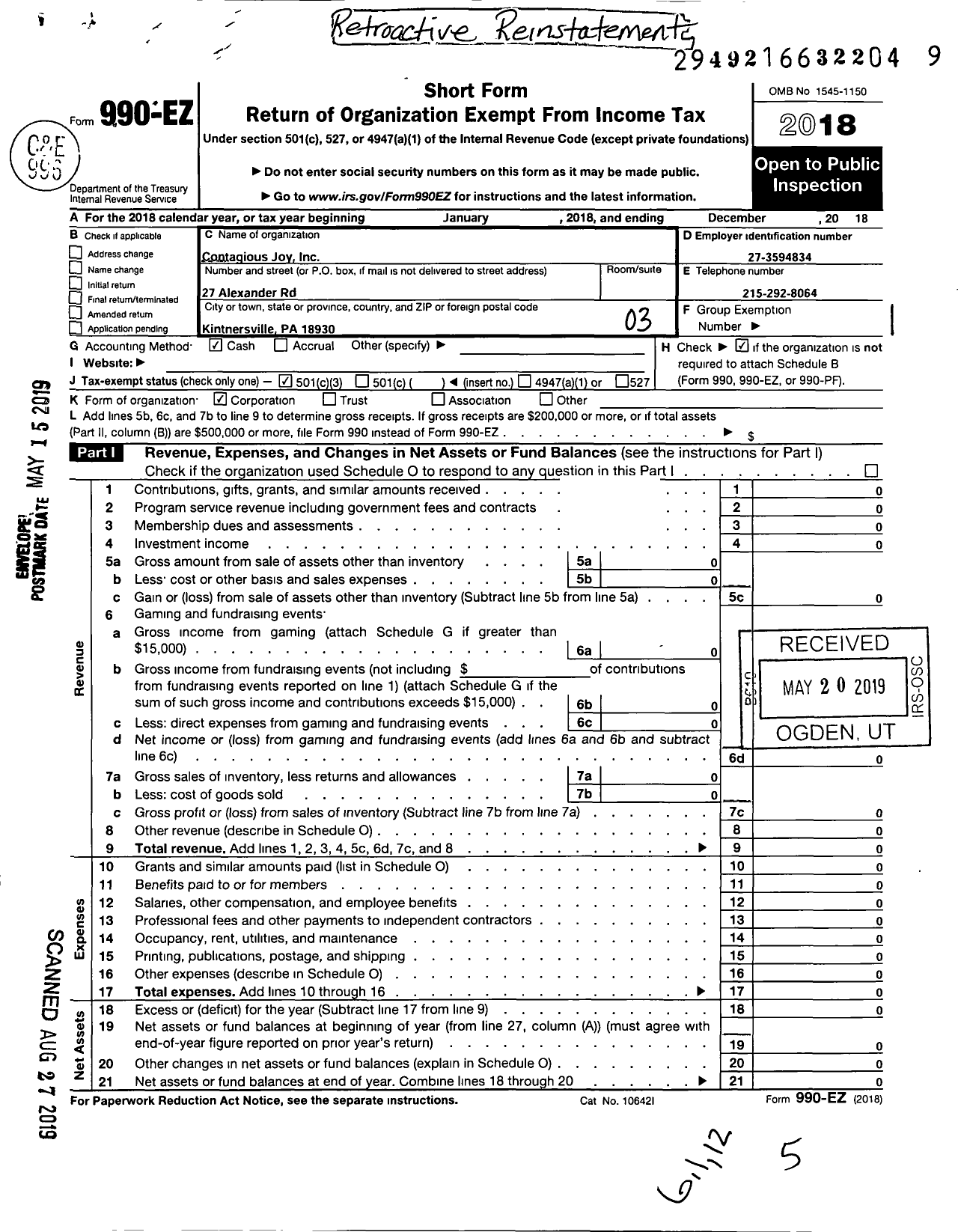 Image of first page of 2018 Form 990EZ for Contagious Joy