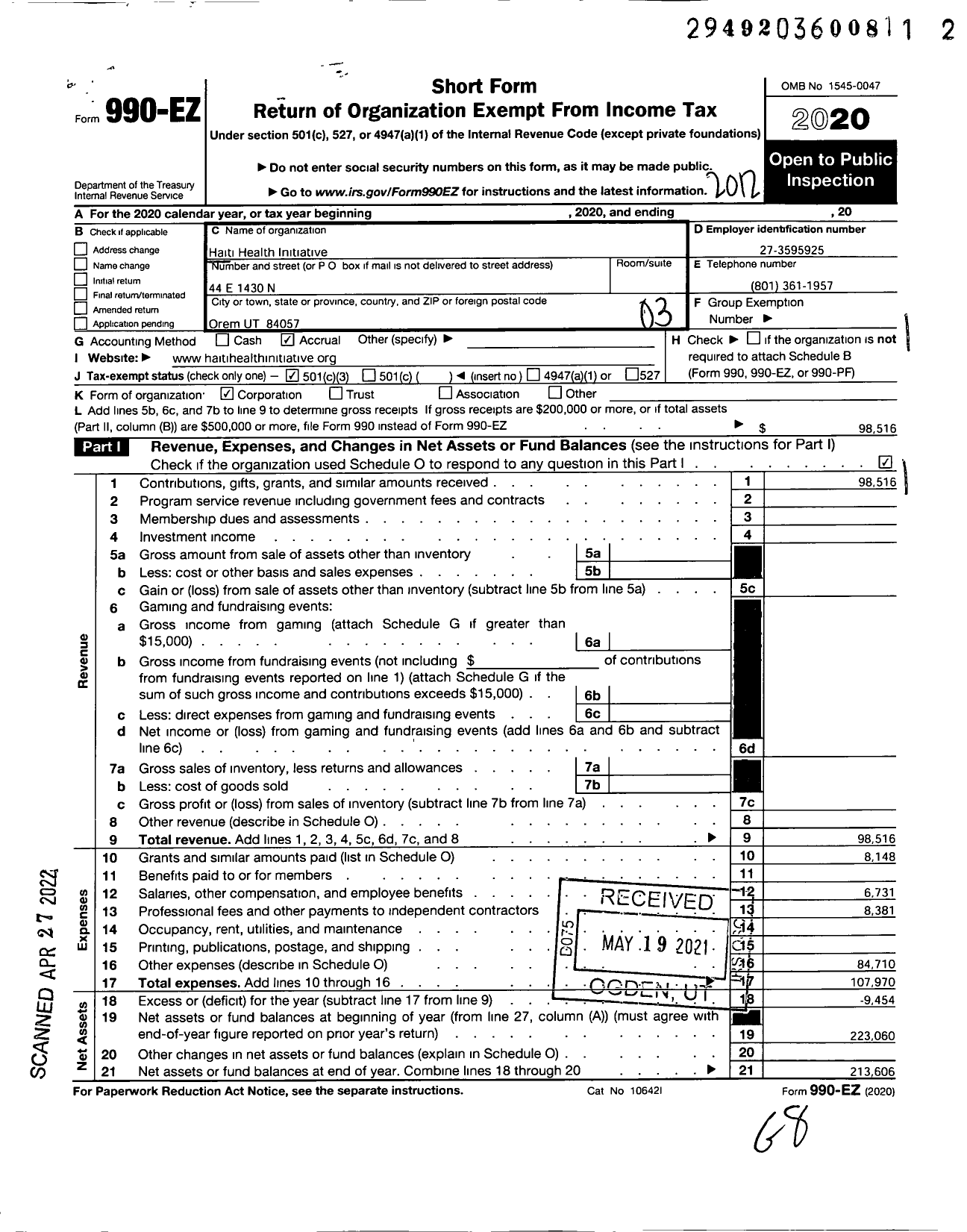 Image of first page of 2020 Form 990EZ for Haiti Health Initiative