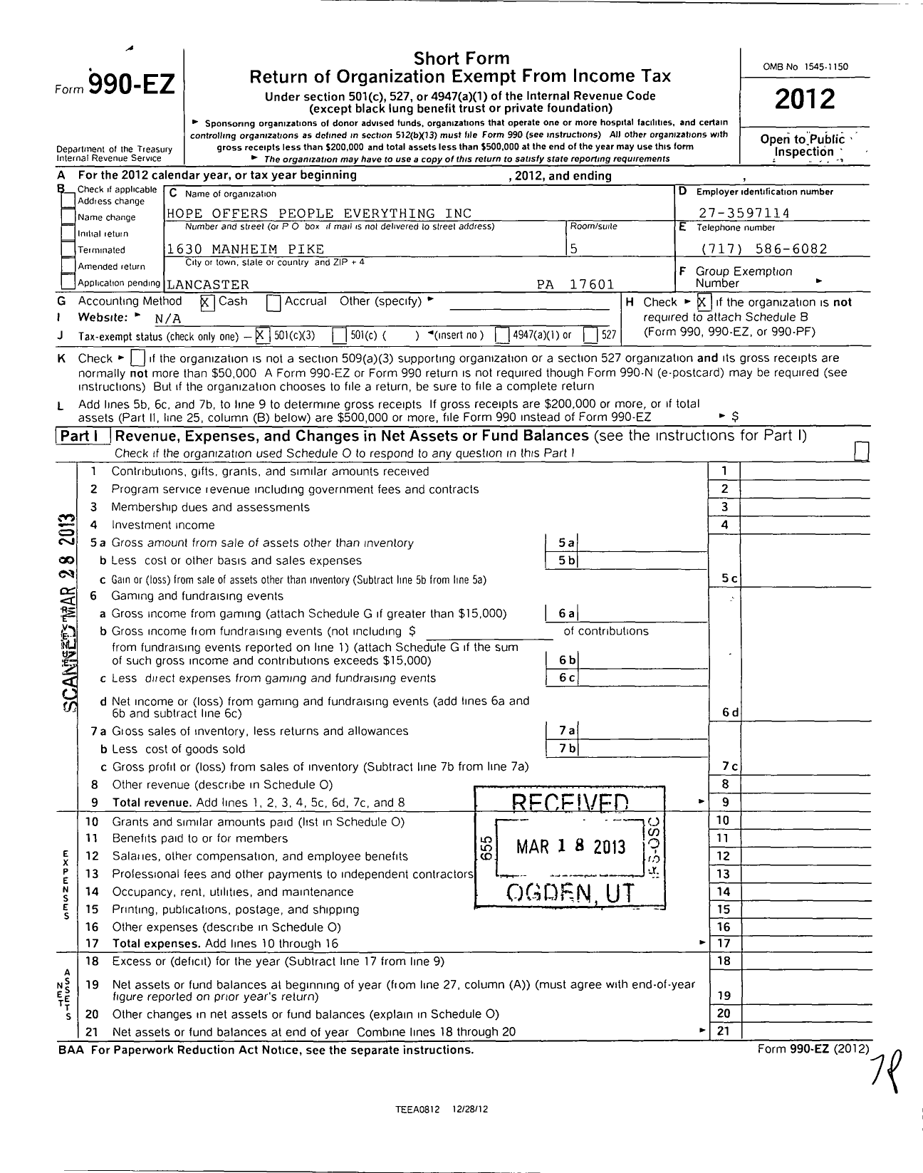 Image of first page of 2012 Form 990EZ for Hope Offers People Everything