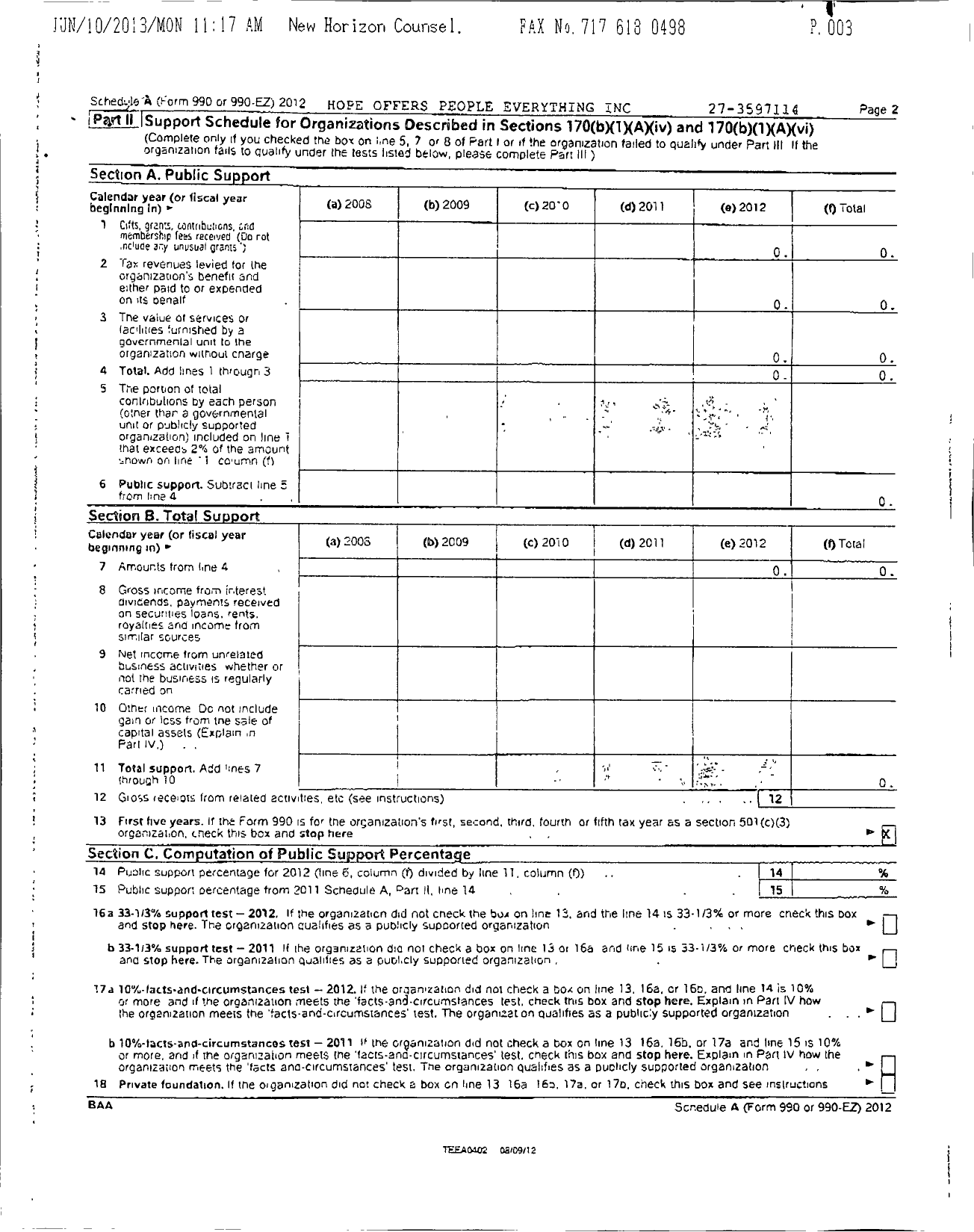 Image of first page of 2012 Form 990ER for Hope Offers People Everything