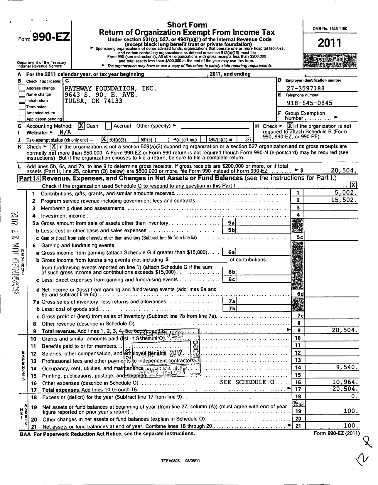 Image of first page of 2011 Form 990EZ for Pathway Foundation