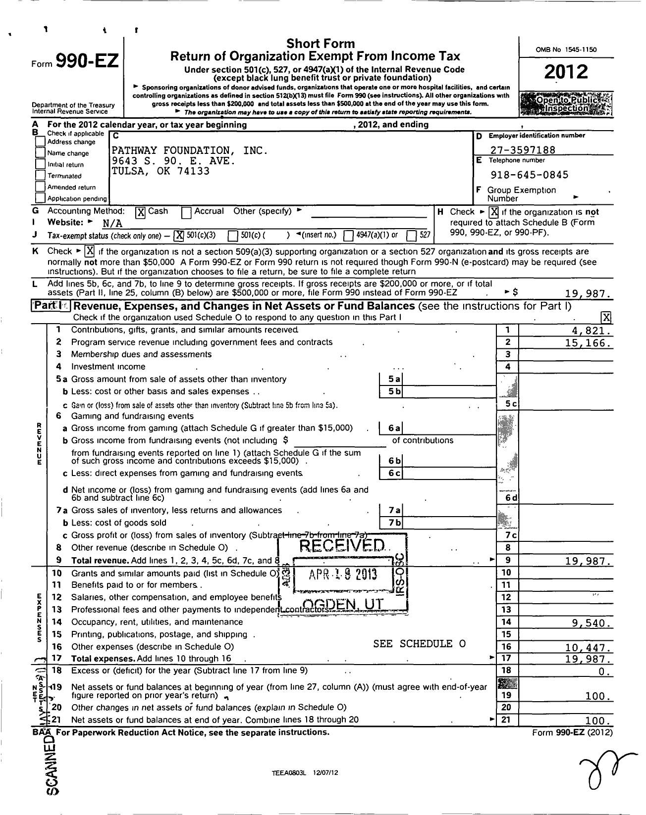 Image of first page of 2012 Form 990EZ for Pathway Foundation