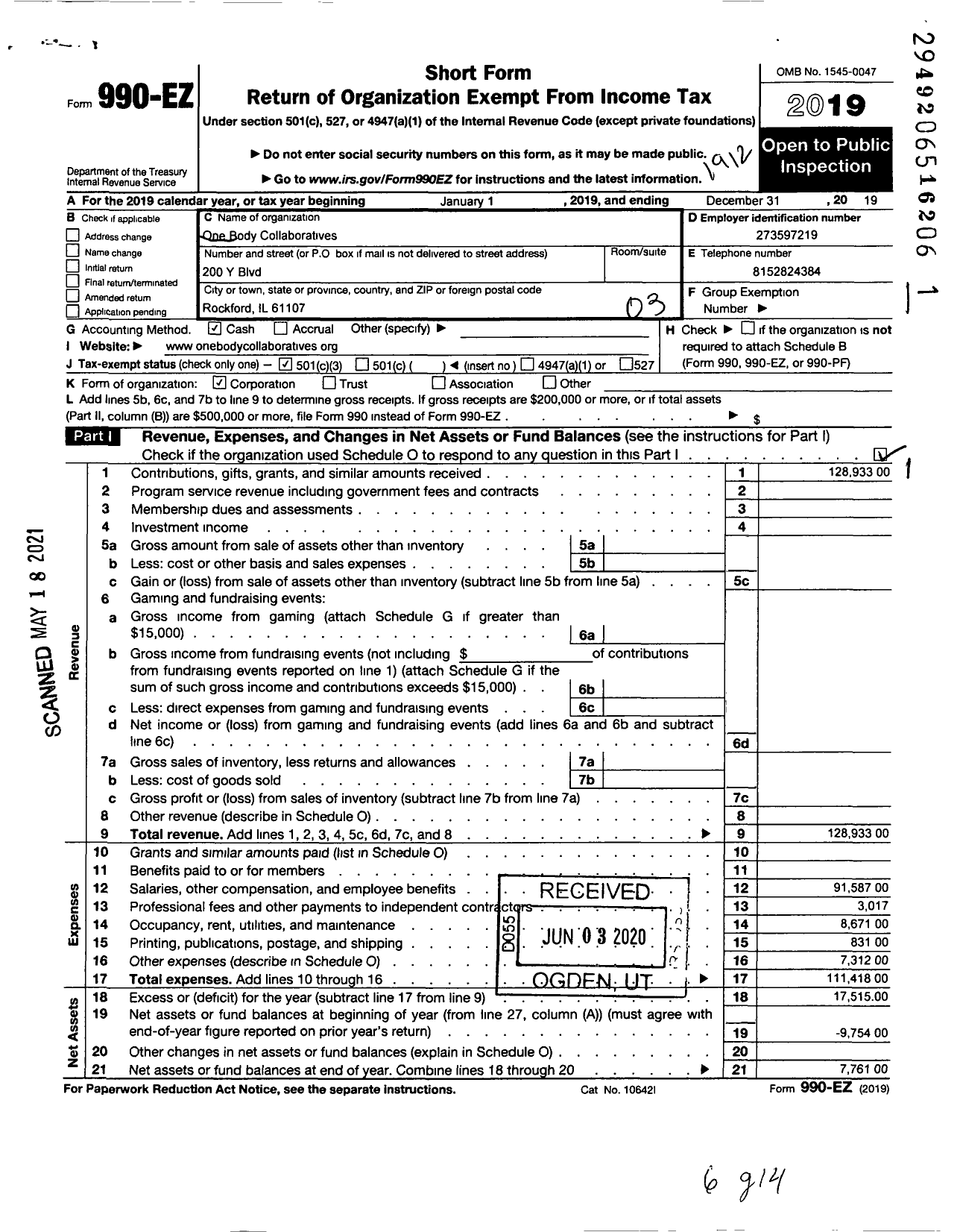 Image of first page of 2019 Form 990EZ for One Body Collaboratives