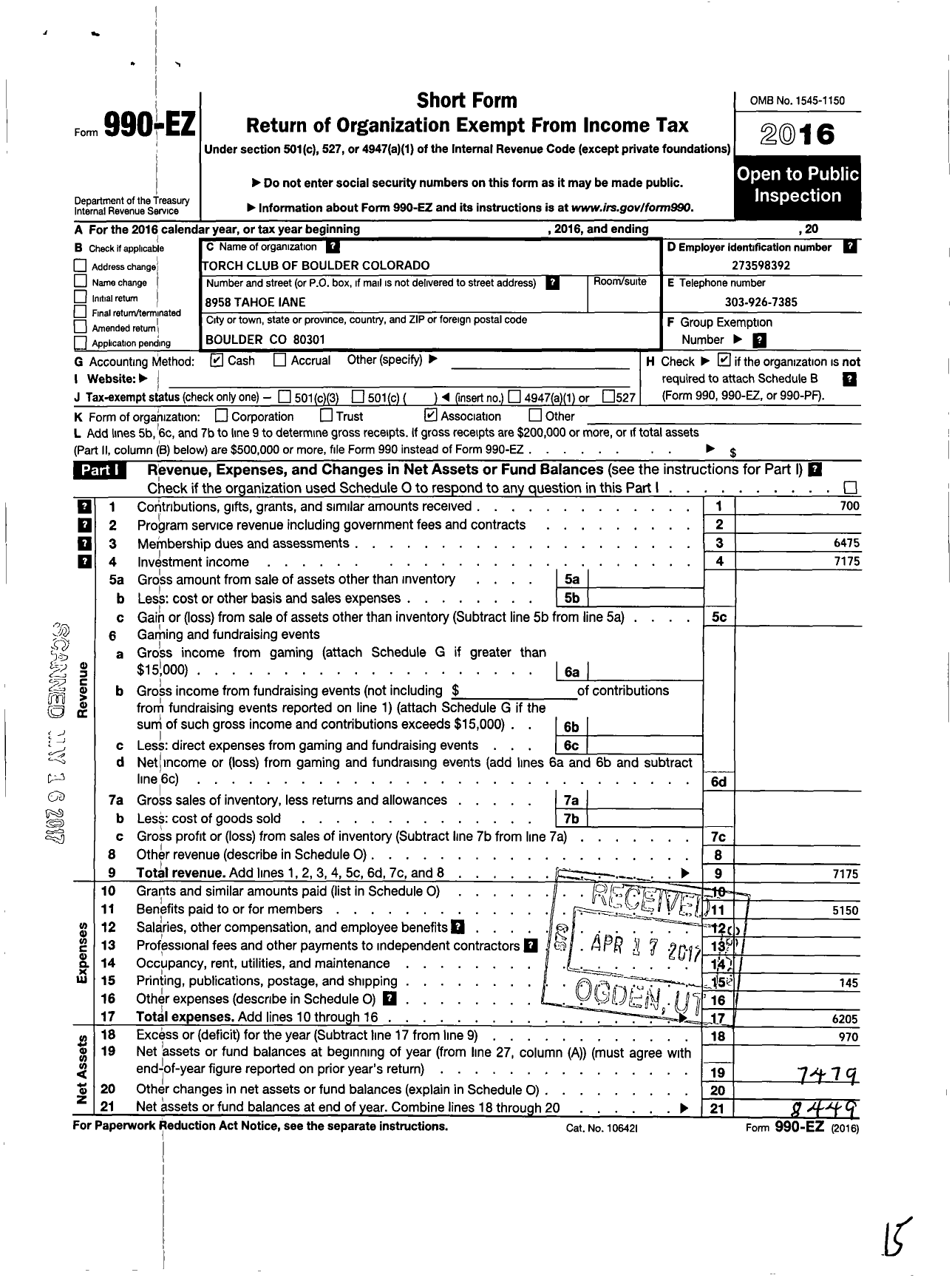 Image of first page of 2016 Form 990EO for Torch Club of Boulder Colorado